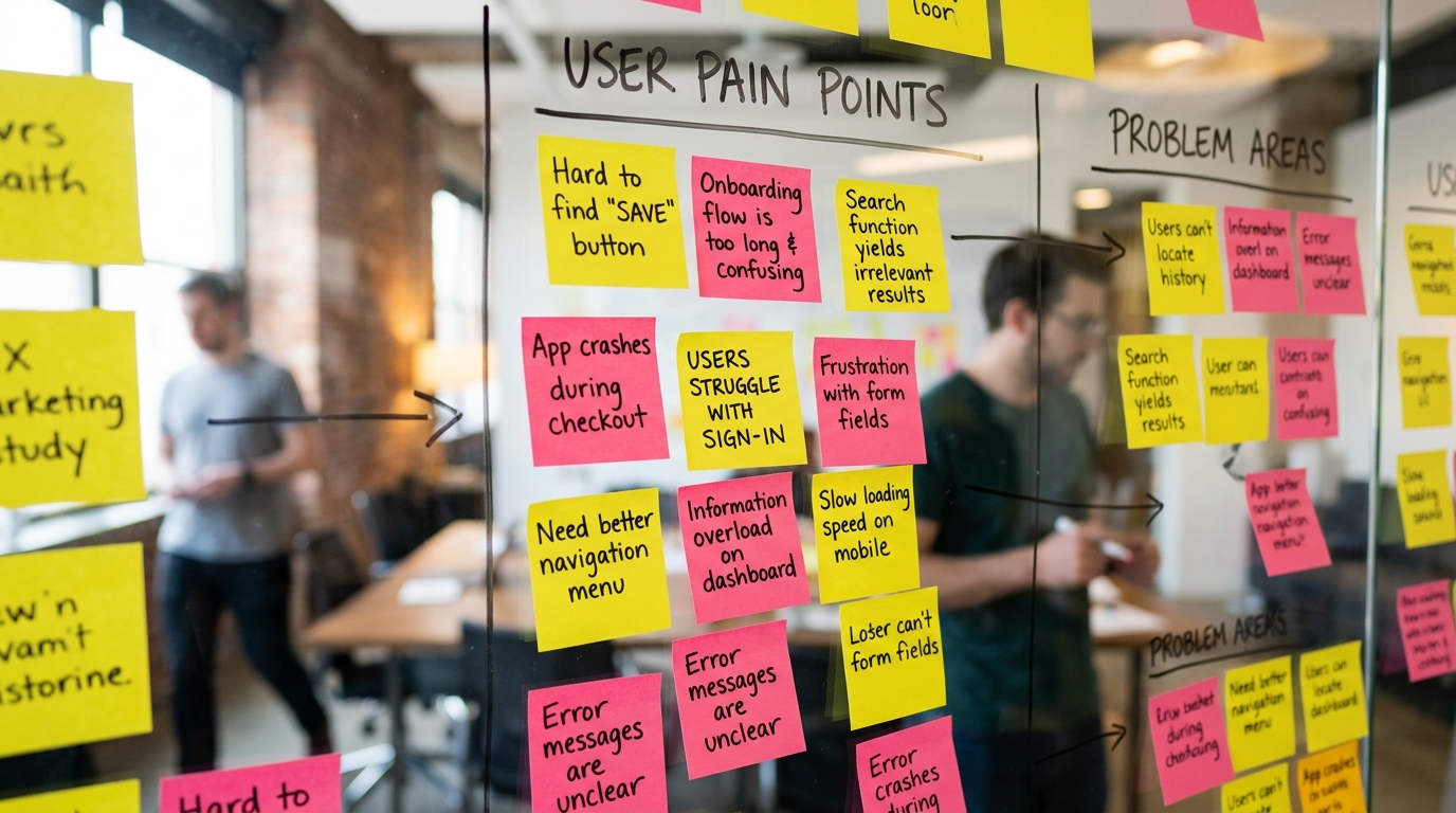 Sticky notes on whiteboard user pain points
